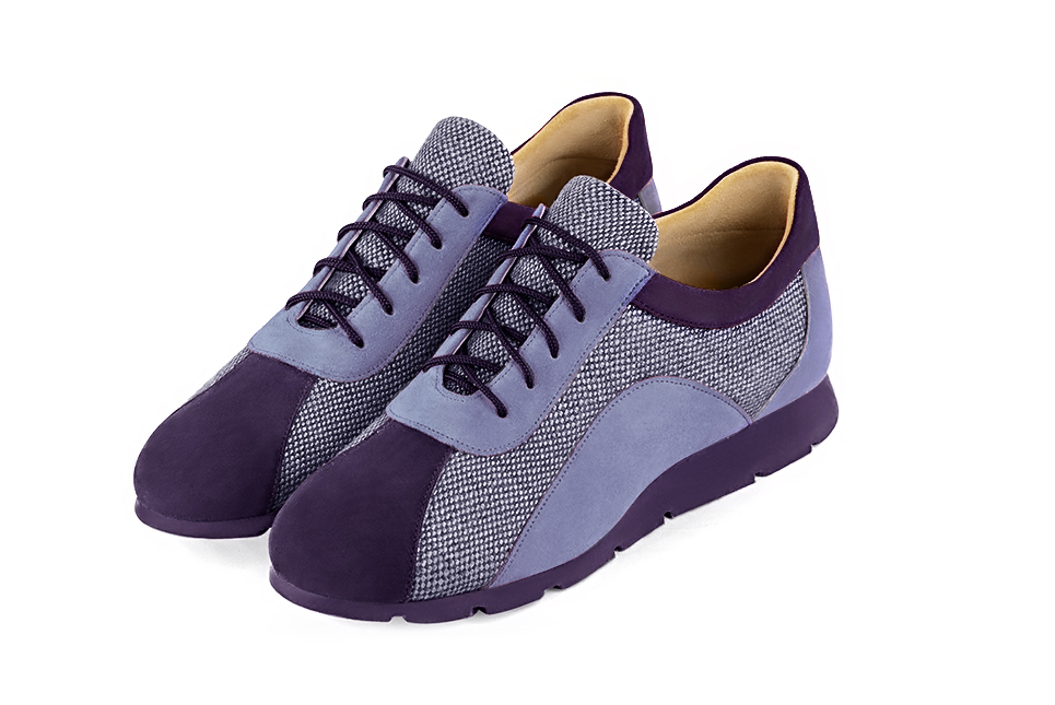 Lavender purple women's two-tone elegant sneakers. Round toe. Flat rubber soles. Front view - Florence KOOIJMAN